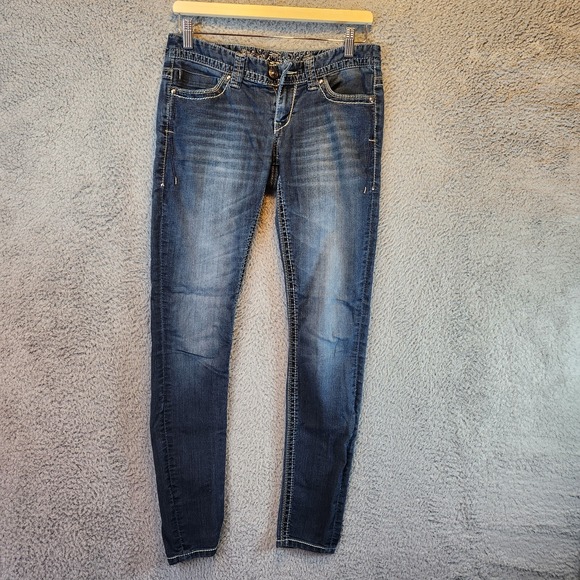 Express Jeans Womens 4 Blue Denim Cotton Stretch Mid Rise Skinny‎ Leg 5 Pockets - Picture 1 of 15